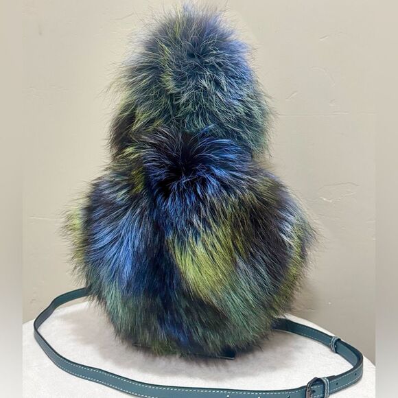 Colorful Real Fox Fur Handmade Round Bag, Includes 2 Strap and Fur Ball Chains - Picture 6 of 17